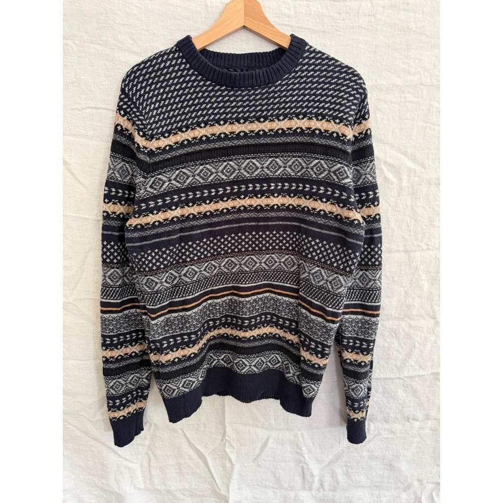 1901 Women Fair Isle Crewneck Sweater Navy Blue Pima Cotton Merino Wool Medium